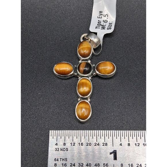Cross Pendant, Tigers Eye, 925 SS, Men or Women, Closed Back, Boho, Spiritual - Picture 5 of 8